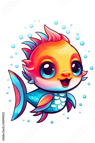 A cartoon fish with big eyes and a colorful tail. Generative AI.