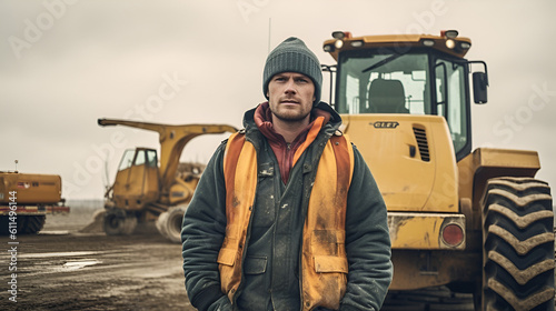 Confident foreman in bright jacket and safety helmet stands on building site against caterpillar vehicle Generative AI