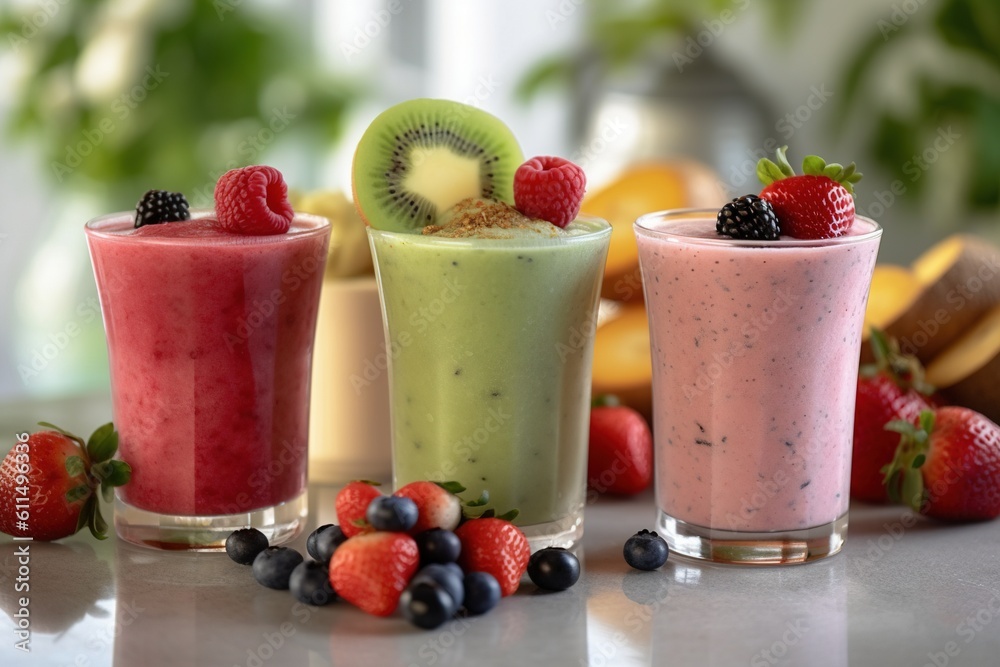 Selection assortment of colourful Healthy fresh fruit and vegetable smoothies with ingredients. Generative AI. Selection assortment of colourful Healthy fresh fruit and vegetable smoothies with ingredients. Generative AI.