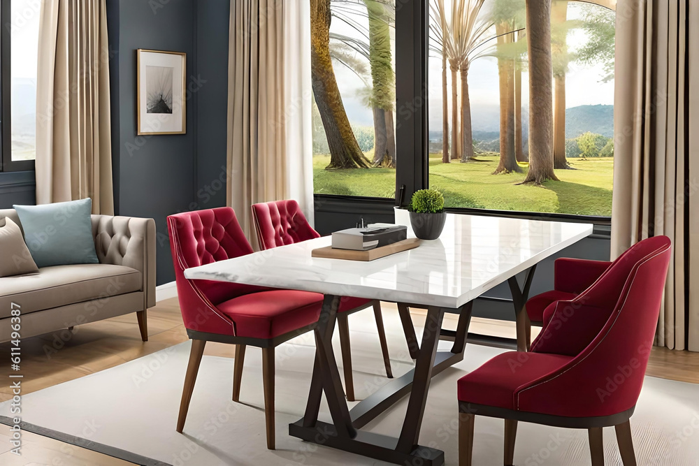 Fototapeta premium a whimsical coffeehouse where a marble-patterned table steals the spotlight against a blurred background with a dreamy blur effect and captivating ambiance