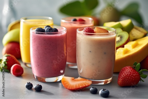 Selection assortment of colourful Healthy fresh fruit and vegetable smoothies with ingredients. Generative AI.