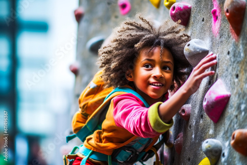 Child on a rock climbing wall. Generative AI