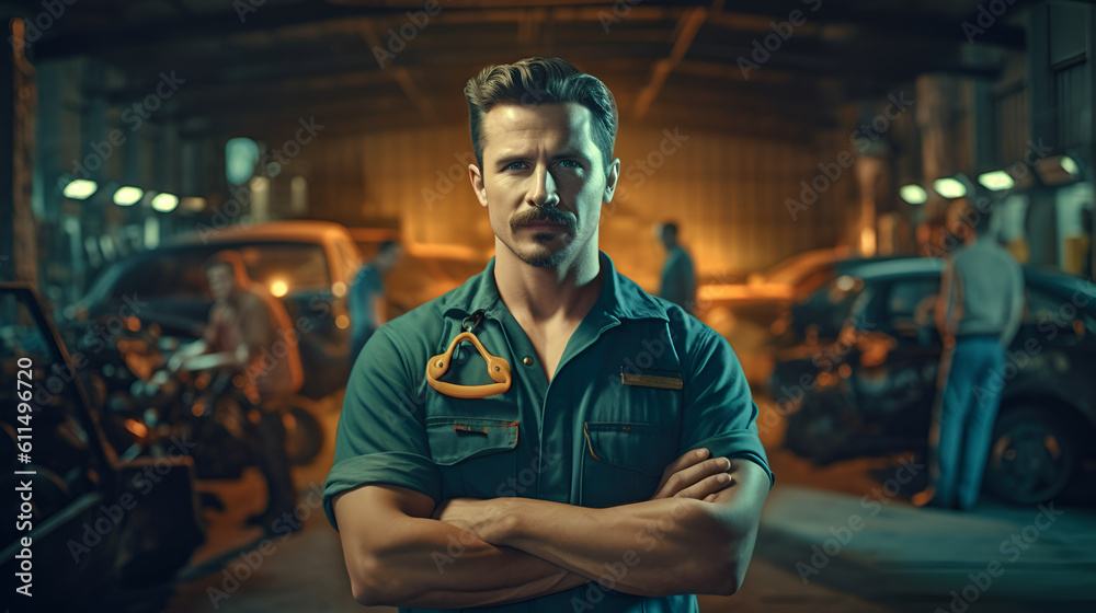 mechanic at the garage A mechanic standing confidently with his arms crossed looking at the camera with a team in the background. Generative AI mechanic at the garage A mechanic standing confidently with his arms crossed looking at the camera with a team in the background. Generative AI