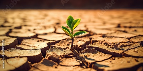 AI Generated. AI Generative. Green plant grow in the dry land. New life born with fight. Motivational photo illistration. Graphic Art