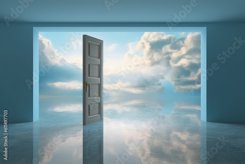 An open door in a room with clouds in the sky. Generative AI.