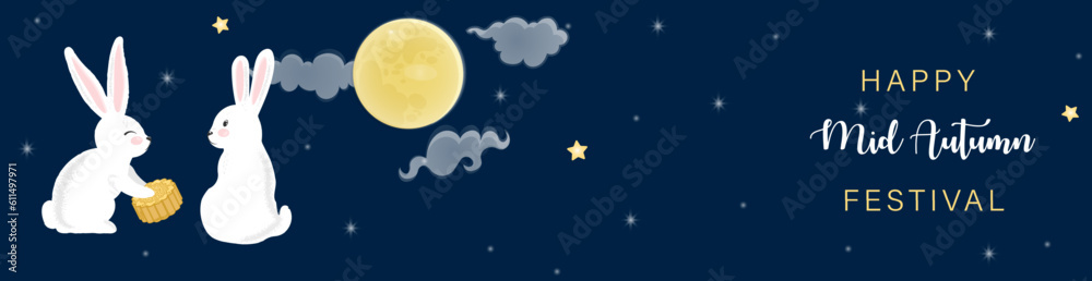 Vetor de Happy Mid Autumn Festival banner design with cute rabbits ...