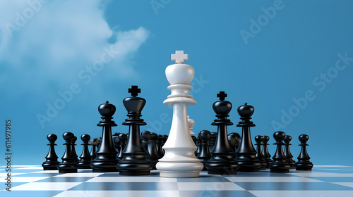 Striking Contrast: White Chess King Surrounded by Black Chess Pieces on Sky Blue Background. Generative AI