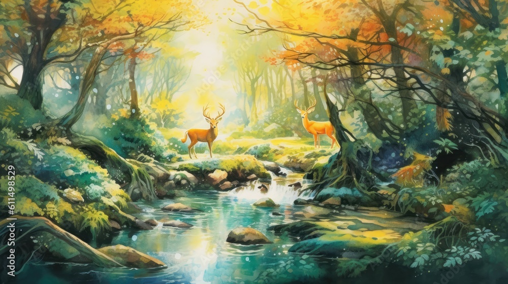 Watercolor painting, whispers cascade through the trees, bringing to life a magical realm where animals wear vibrant coats of liquid enchantment. Generative AI Watercolor painting, whispers cascade through the trees, bringing to life a magical realm where animals wear vibrant coats of liquid enchantment. Generative AI