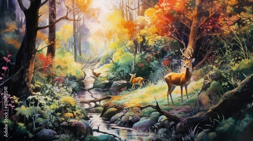 Watercolor painting, whispers cascade through the trees, bringing to life a magical realm where animals wear vibrant coats of liquid enchantment. Generative AI