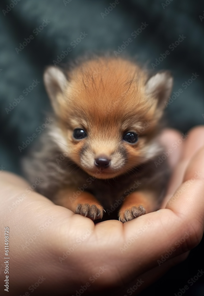 Obraz premium A person holding a small puppy in their hands. Generative AI.