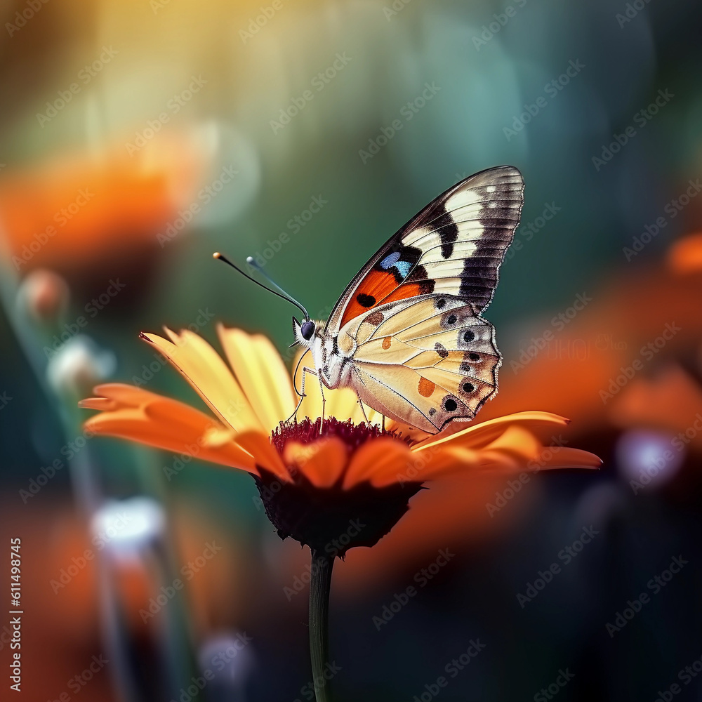 Fototapeta premium Macro Butterfly on blurry background. Generative AI