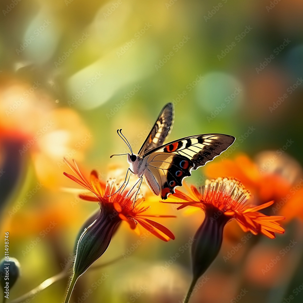 Fototapeta premium Butterfly sitting on top of a flower on blurry background. Generative AI