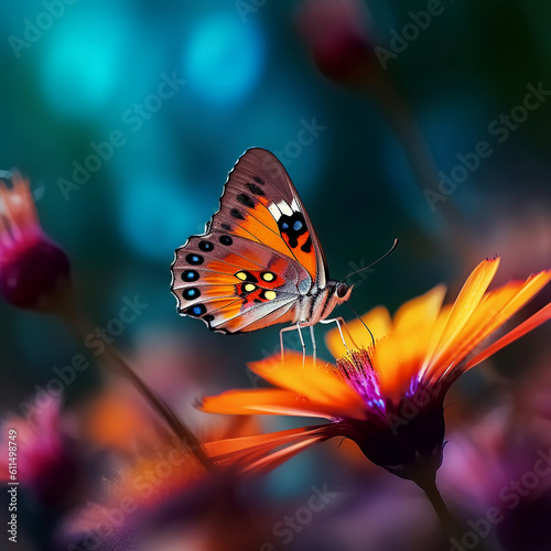 Butterfly sitting on top of a flower on blurry background. Generative AI