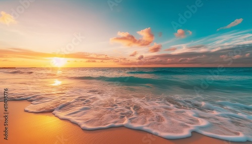 Closeup sea sand beach. Panoramic beach landscape. Inspire tropical beach seascape horizon. Orange and golden sunset sky calmness tranquil relaxing sunlight summer mood © Daumaa