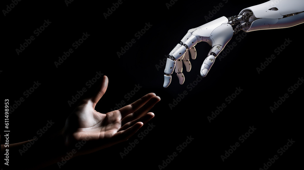 the robot's hand touches the human hand on a black background. the ...