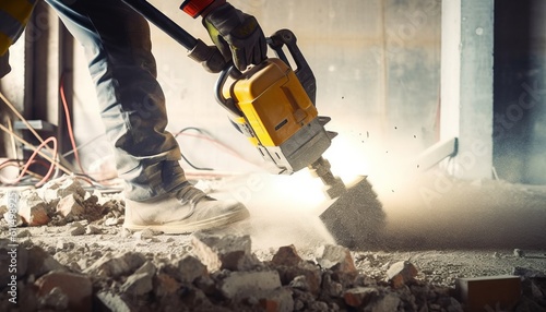 Construction worker using heavy-duty jackhammer tool and breaking reinforced concrete. Demolishing building interior. Under construction, hand close up