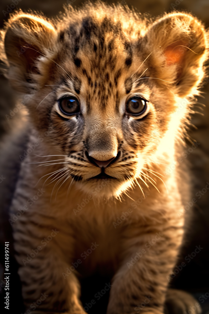 Obraz premium A young lion cub sitting on top of a rock. Generative AI.