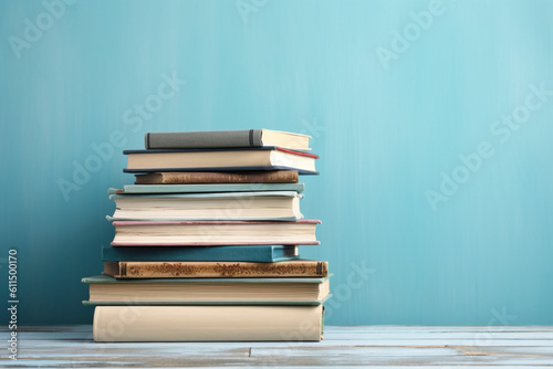 Academic essentials, Stack of books on wooden table, pastel blue background Generative AI