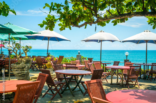 Traditional Bali cafe with decorated umbrellas  Indonesia