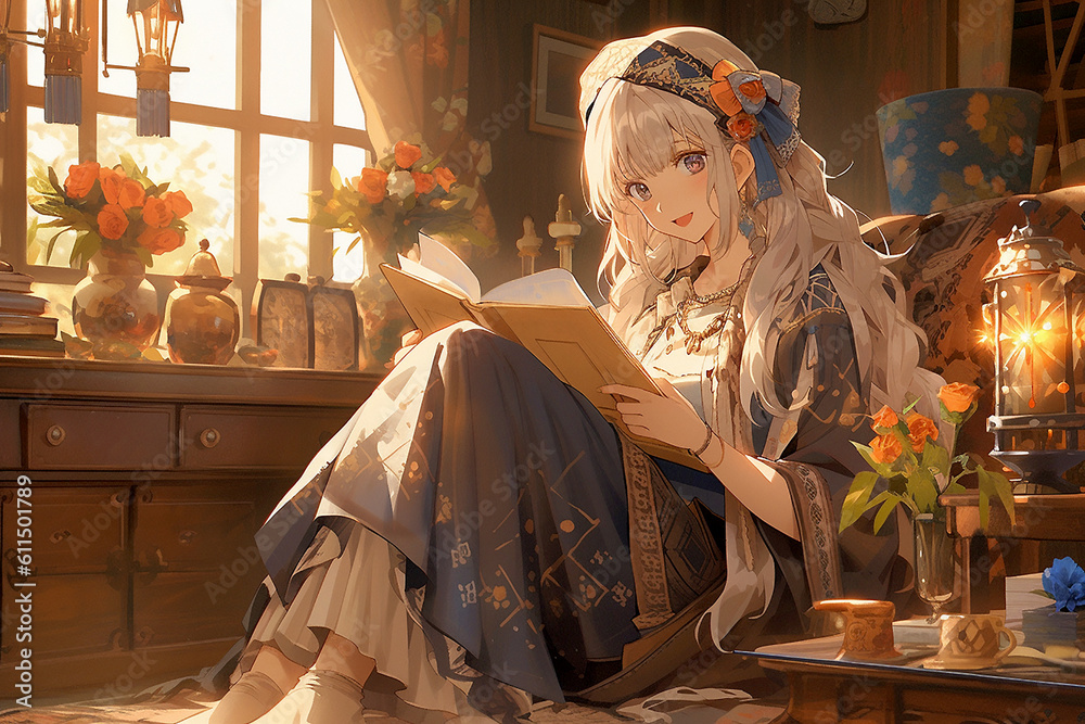 Obraz premium Beautiful girl from Japanese anime n the room is reading a book .