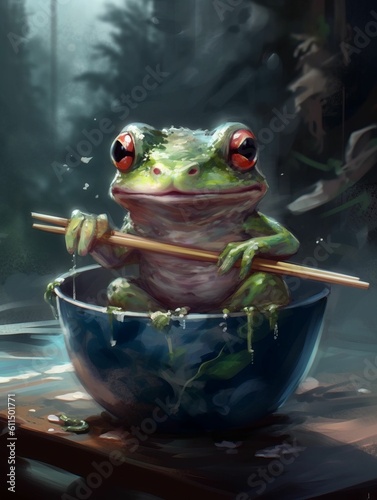 Frog Sitting in Ramen Bowl - Generative AI