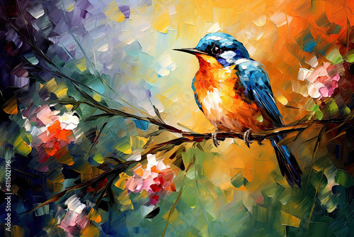 Blue Bird Sitting on Spring Branch Acrylic Painting. AI generative. Canvas Texture, Brush Strokes.