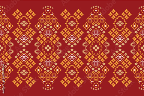 Ethnic geometric fabric pattern Cross Stitch.Ikat embroidery Ethnic oriental Pixel pattern red background. Abstract,vector,illustration. Texture,clothing,frame,decoration,motifs,silk wallpaper.