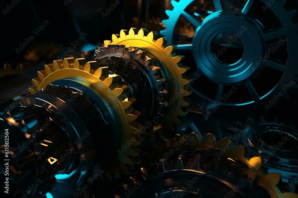 Abstract mechanical design of interlocking metal gears with yellow and ...