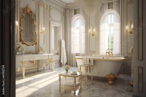luxury bathroom interior, classic style, gold, white created using generative AI tools