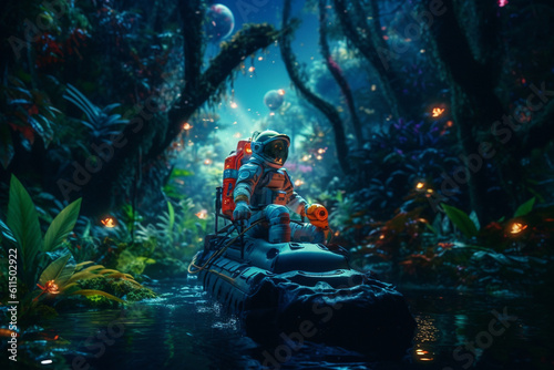 An astronaut in a neon jungle on a boat created using generative AI tools
