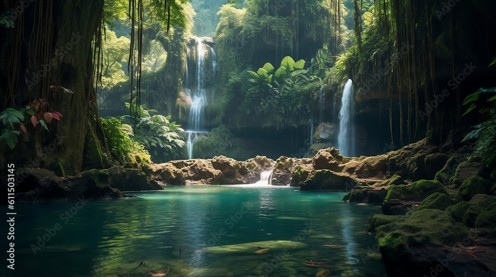 Naklejka premium Majestic Waterfalls, day light, crystal-clear pools, surrounded by lush foliage and dramatic rock formations