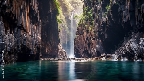 Majestic Waterfalls, day light, crystal-clear pools, surrounded by lush foliage and dramatic rock formations