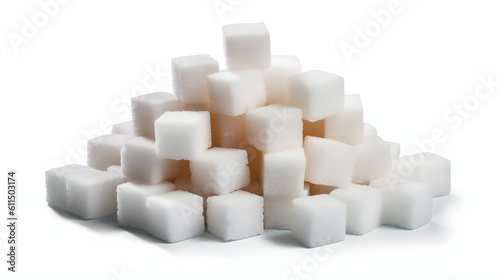 Heap of refined sugar cubes on transparent background