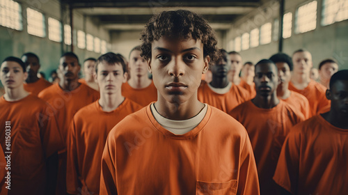 Prisoners in orange shirts at the prison Desperate handcuffed prisoner looking at camera with people behind the scenes Generative AI © kitti