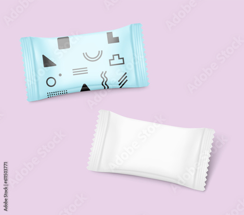 Blank packaging sachet mockup set. Vector illustration with sample. Ready for your design. EPS10.	