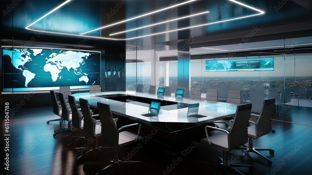 Modern office with big table, chairs, laptops and huge screen created with Generative AI Modern office with big table, chairs, laptops and huge screen created with Generative AI