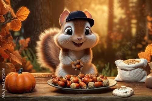 Cute squirrel character at home acorns © zakiroff