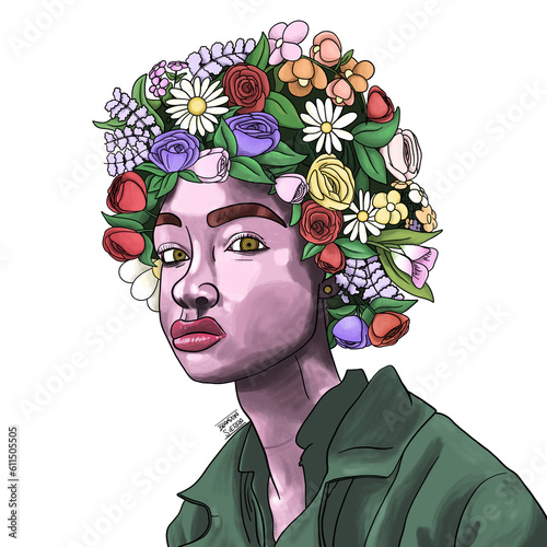 Ilustraci√≥n de chica afroamericana estilo pop con flores en la cabeza y sin fondo photo