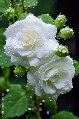 White rose with dew drops. AI generated art illustration.