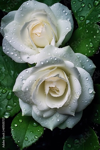 White rose with dew drops. AI generated art illustration.
