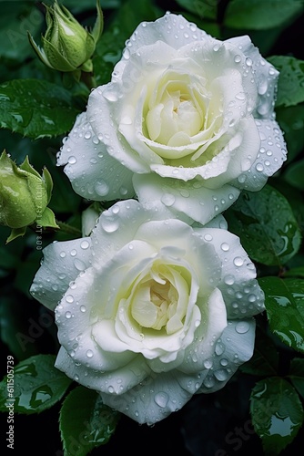 White rose with dew drops. AI generated art illustration.