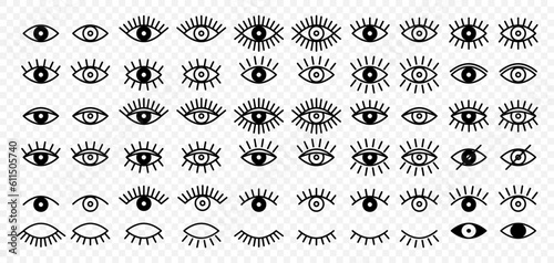 Vector Simple Flat Black and White Outline Evil Eye Icons. Linear Open, Closed Eyes Images, Sleeping Eye Shapes with Eyelash, Supervision and Searching Signs, Observation and Search Marks Collection