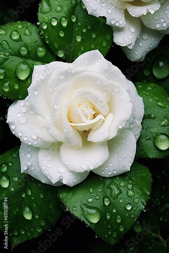 White rose with dew drops. AI generated art illustration.