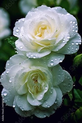 White rose with dew drops. AI generated art illustration.