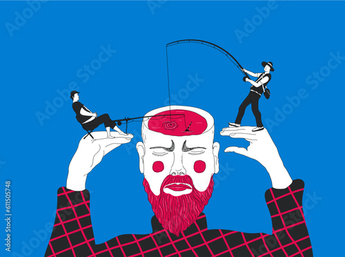 Concentration problems. The metaphor of a man trying to find an idea. Contemporary vector illustration with limited colours.