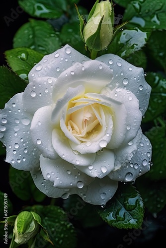 White rose with dew drops. AI generated art illustration.