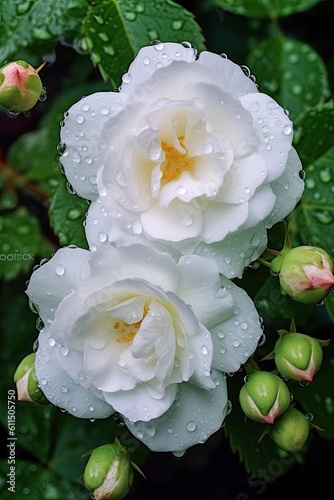 White rose with dew drops. AI generated art illustration.