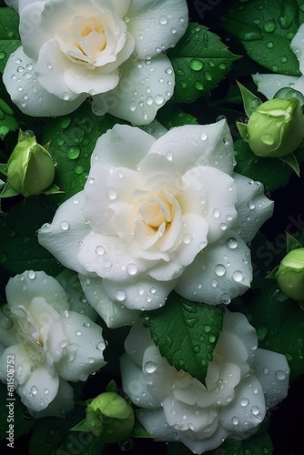 White rose with dew drops. AI generated art illustration.