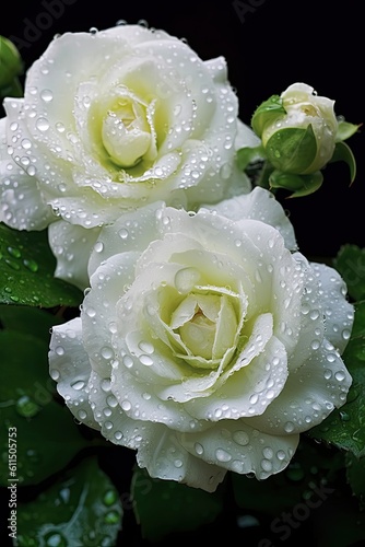 White rose with dew drops. AI generated art illustration.