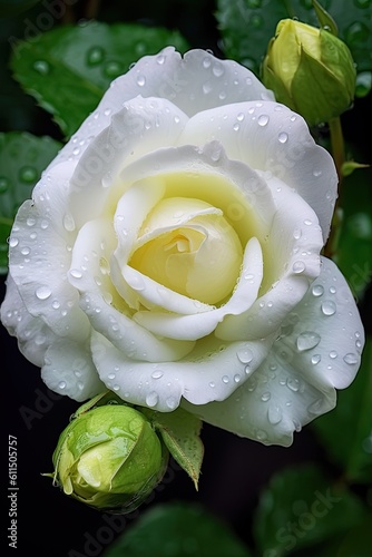 White rose with dew drops. AI generated art illustration.
